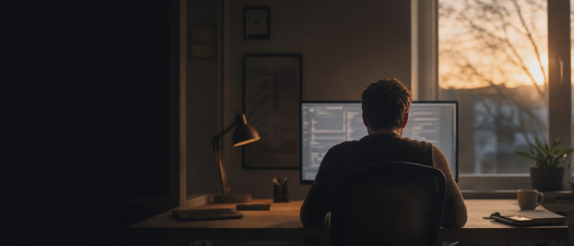 Un développeur seul à son bureau en fin de journée