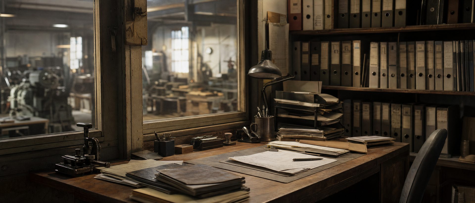 Le bureau d’un atelier : classeurs, papiers, fenêtre sur l’atelier