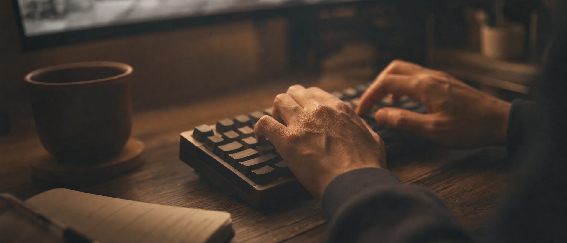 Des mains sur un clavier, l’écran flou en arrière-plan