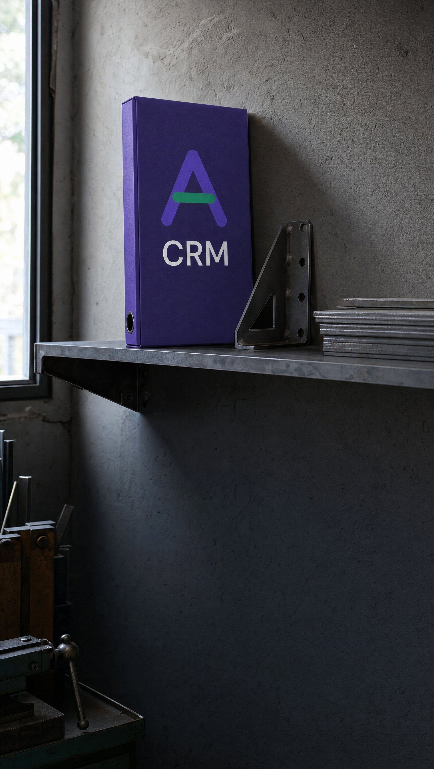 Un classeur Auxentis « CRM » posé sur une étagère d’atelier