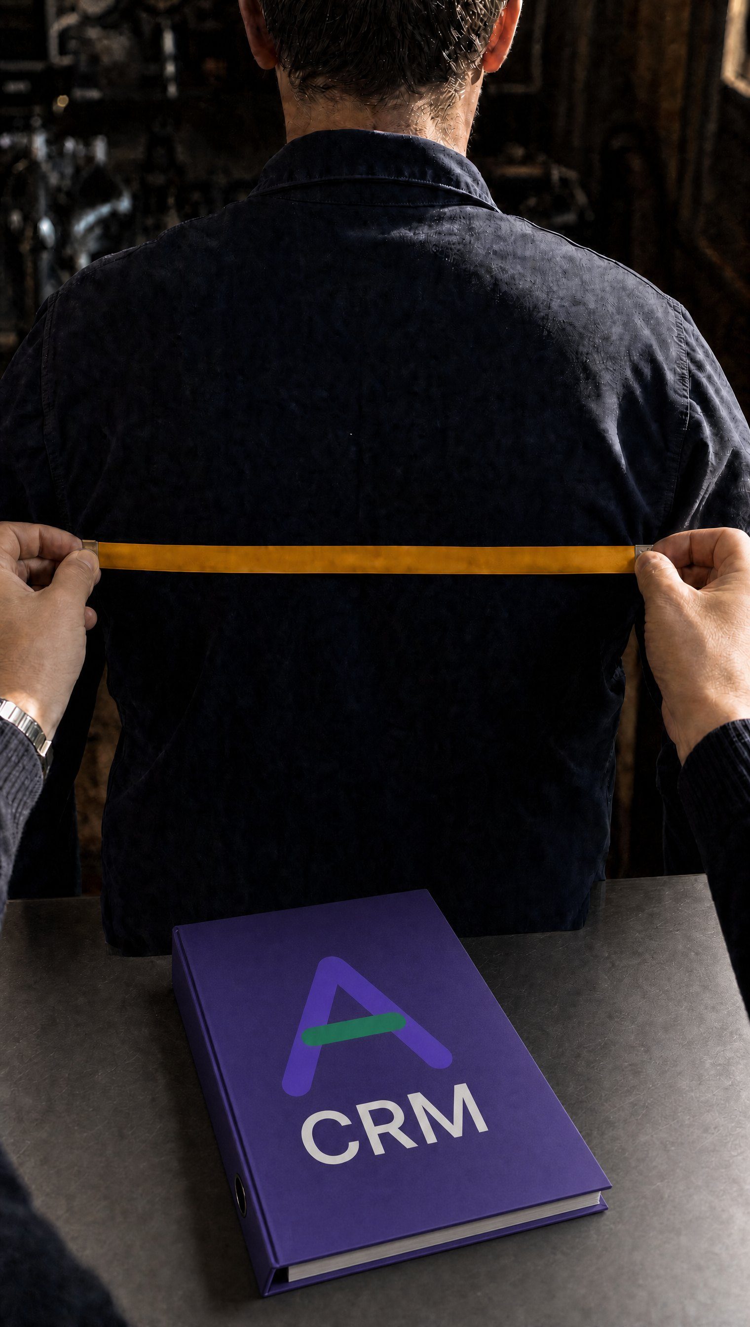 Un tailleur prend les mesures d’un dirigeant dans son atelier ; classeur Auxentis « CRM » sur l’établi
