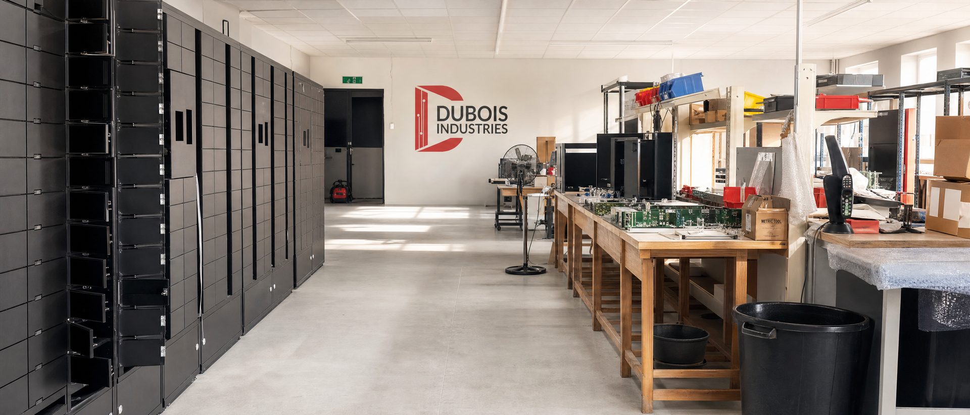 L’atelier de Dubois Industries : l’allée centrale, leurs armoires à casiers, les établis