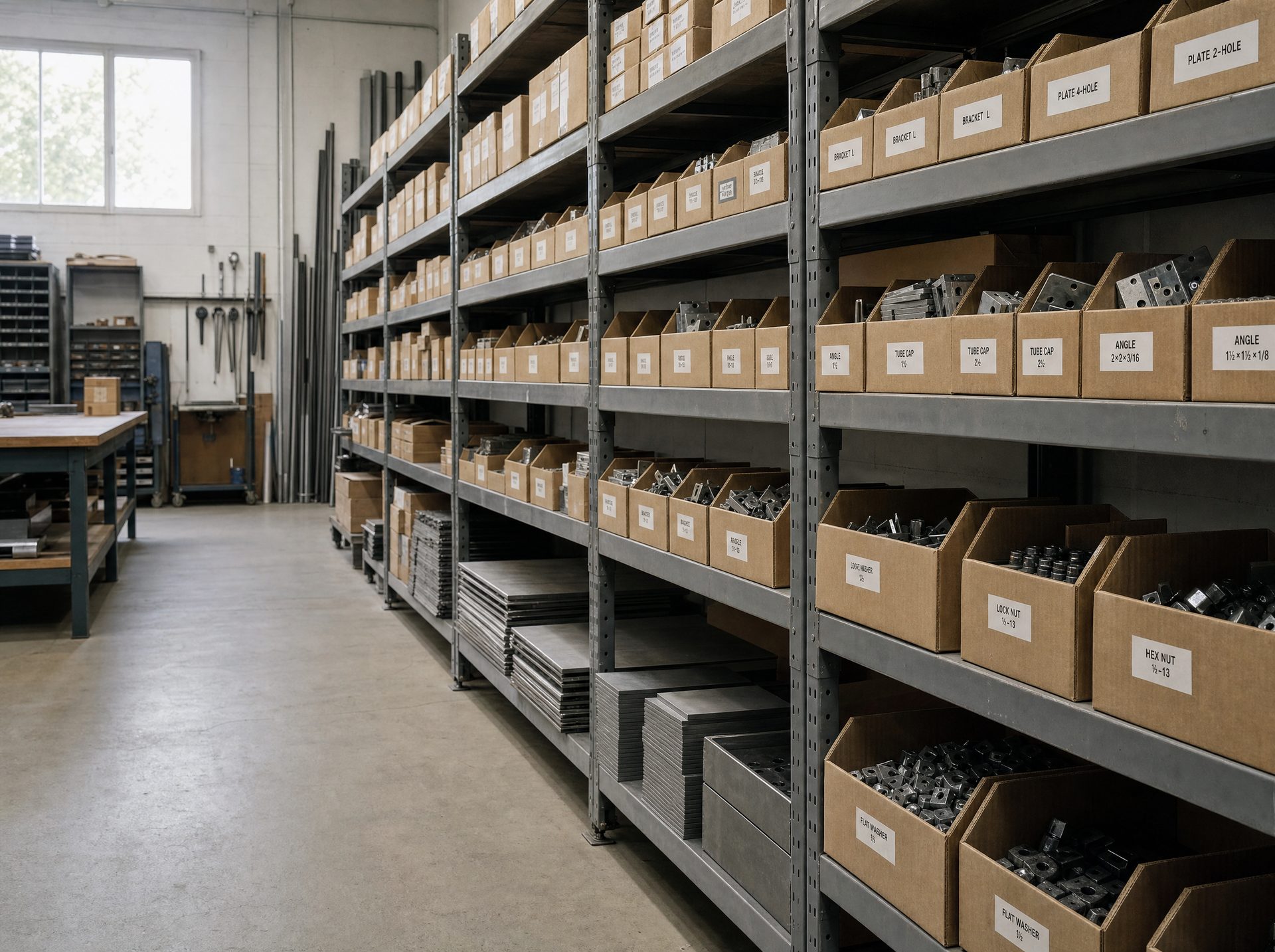 Les rayonnages du magasin, bacs et cartons étiquetés