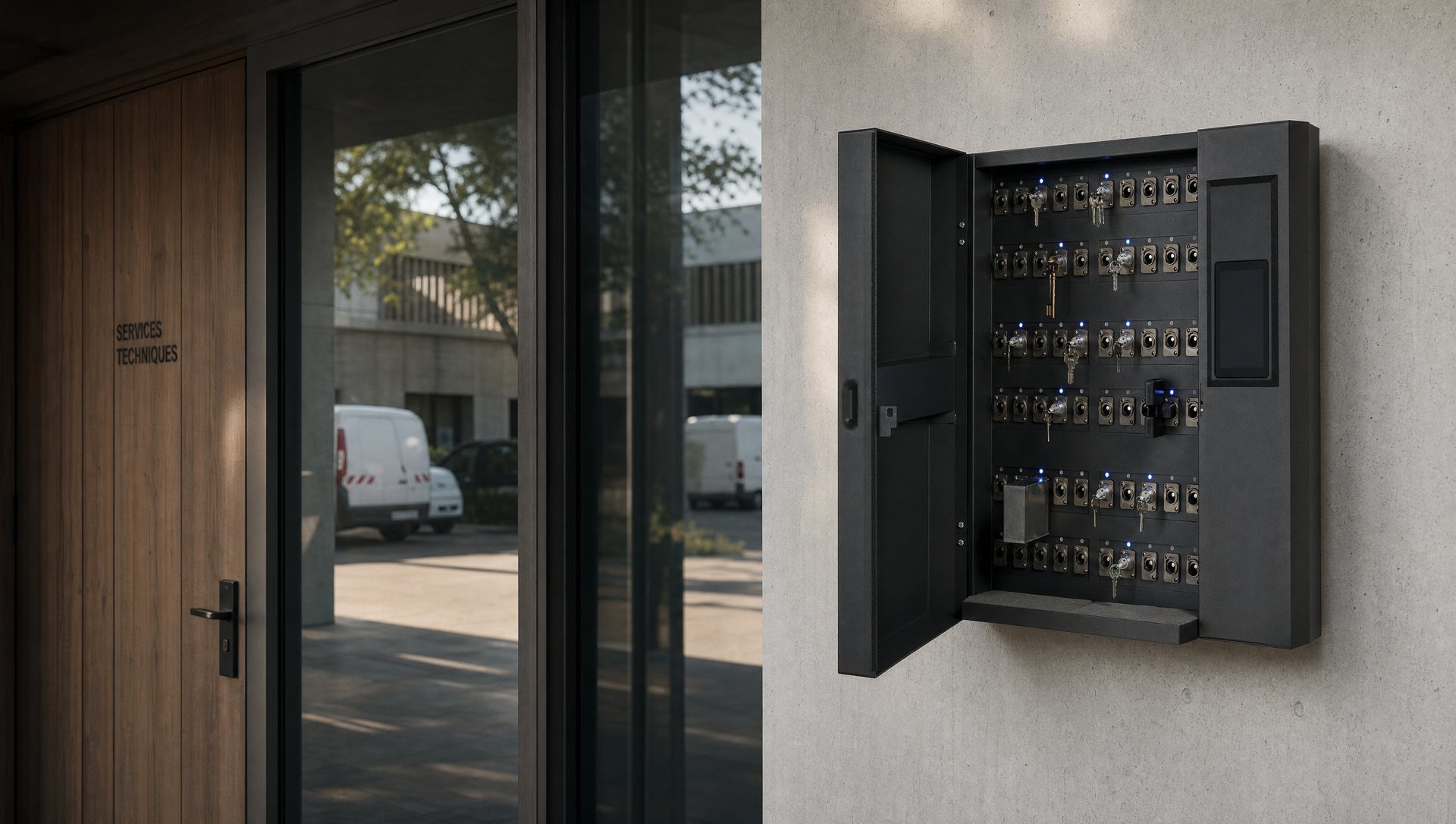 Une armoire à clés électronique ouverte à l’entrée des services techniques ; derrière la porte vitrée, les véhicules de service
