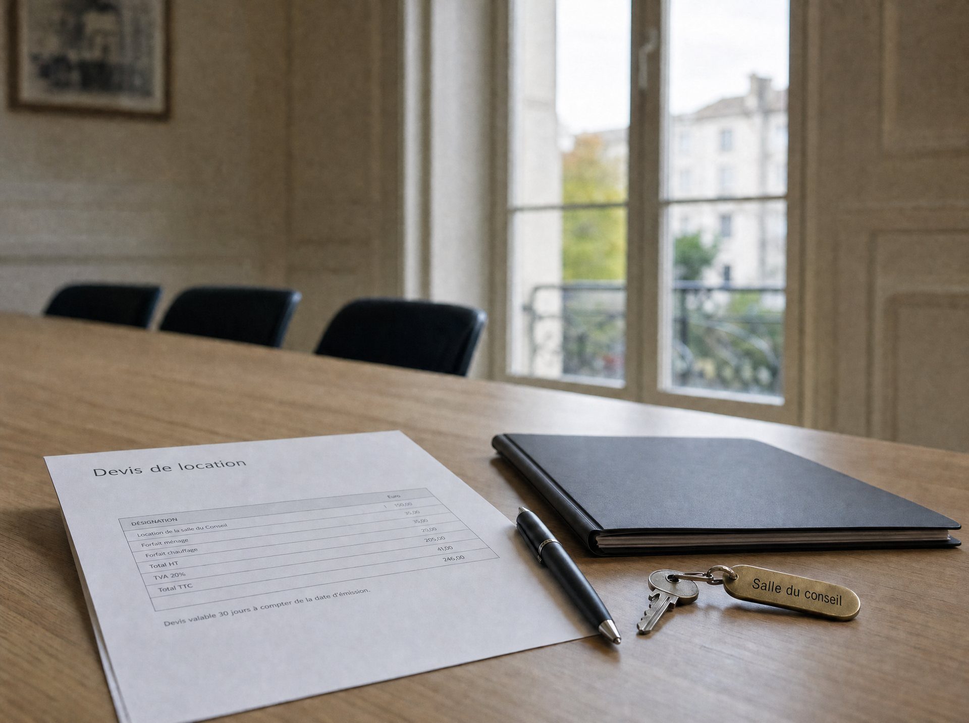 Un devis de location posé sur la table d’une salle de réunion, avec un stylo et la clé de la salle