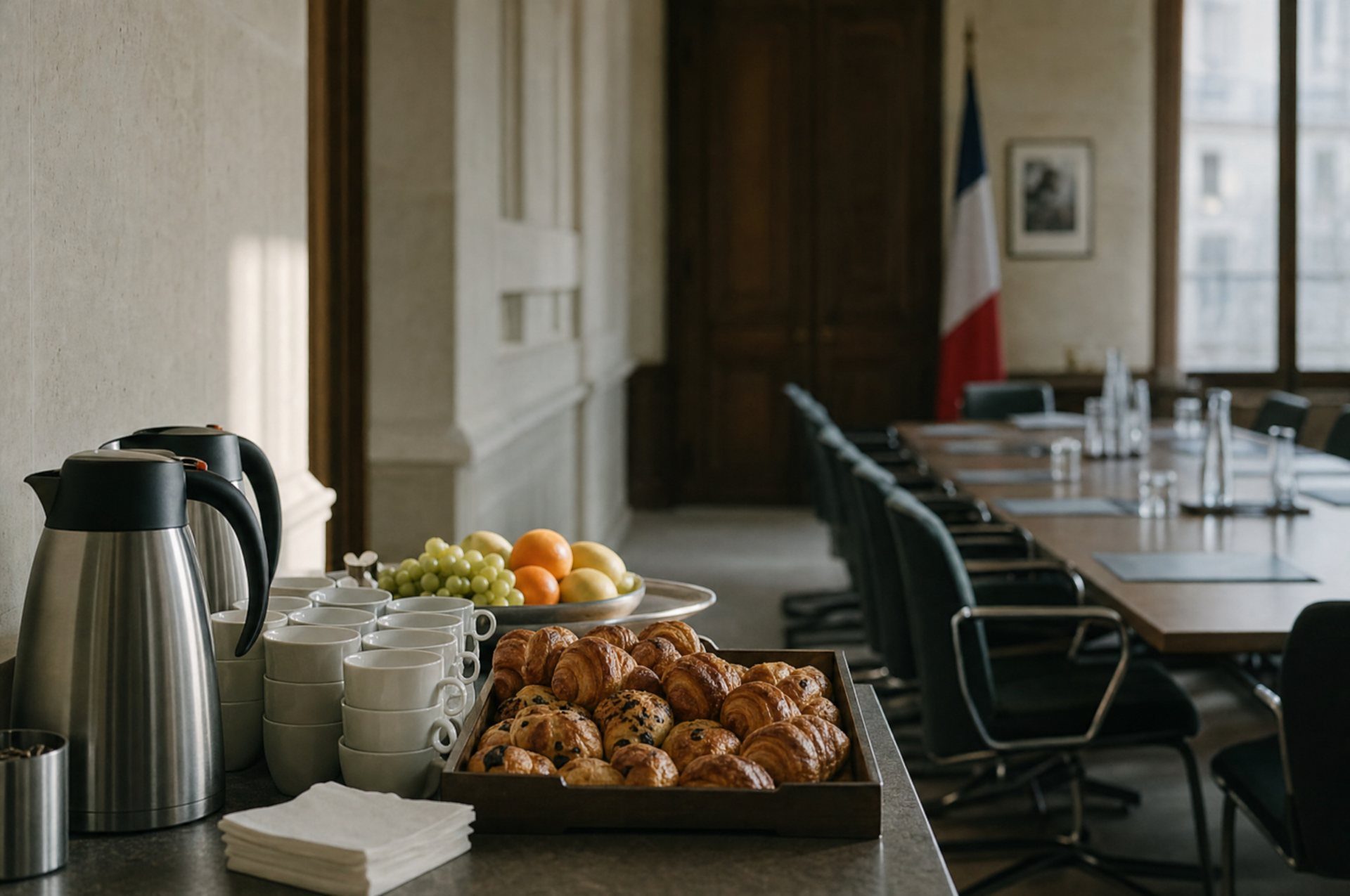 Café et viennoiseries préparés dans une salle de réunion