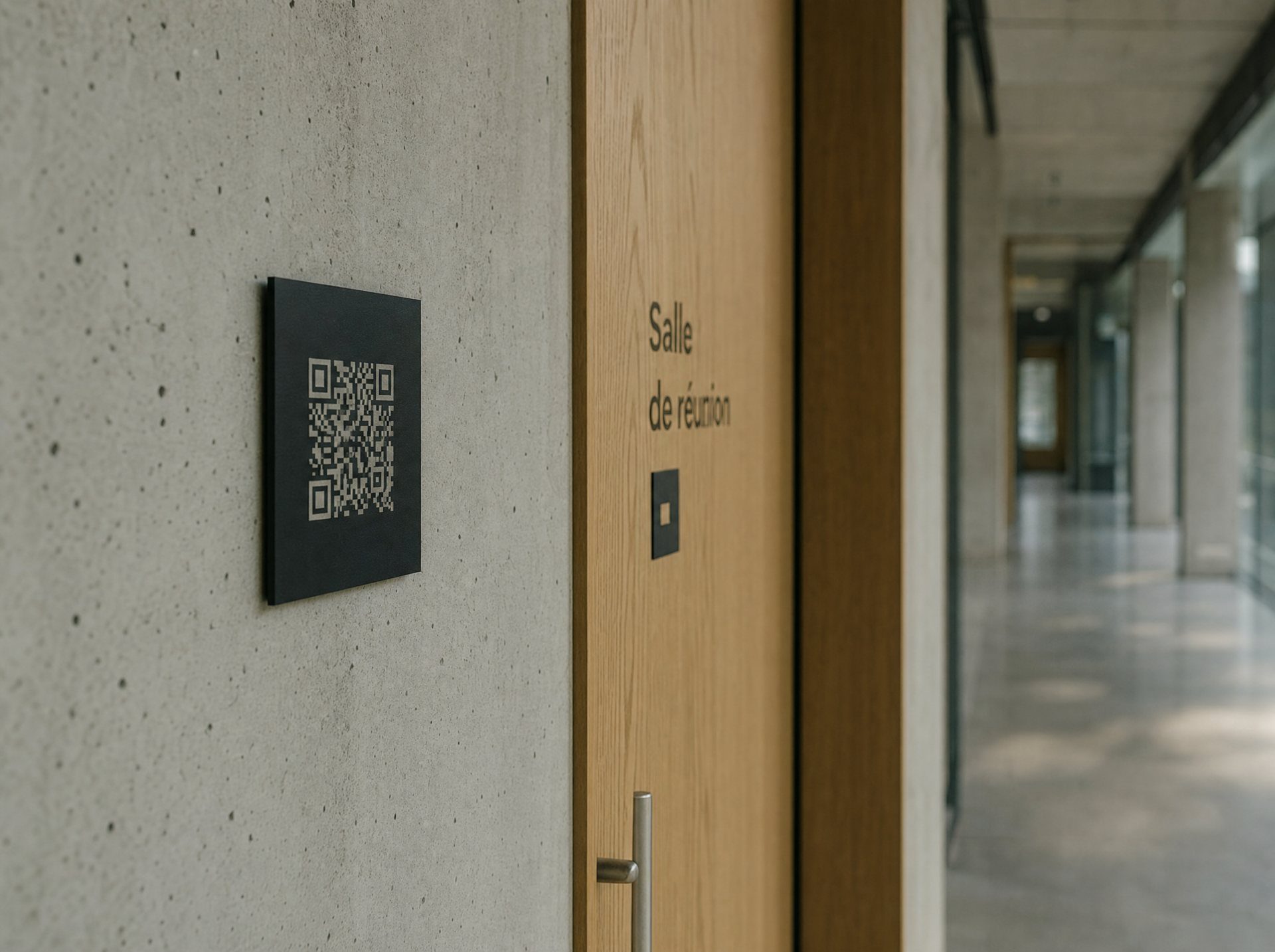 Une plaque avec un QR code à l’entrée d’une salle de réunion