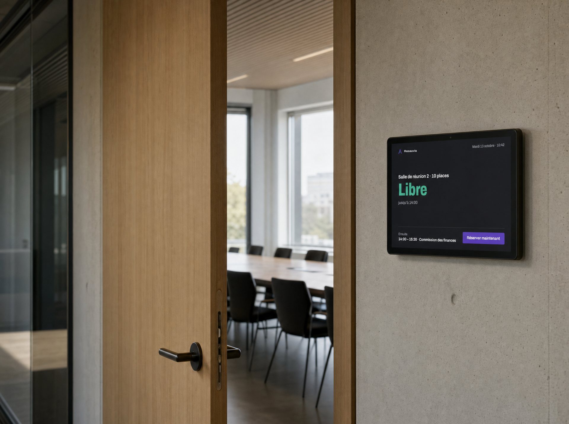 La tablette Resauvia à l’entrée d’une salle de réunion indique « Libre »