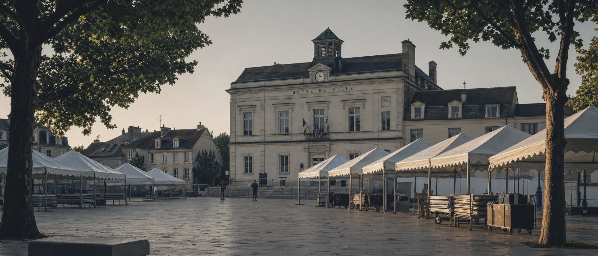 Des barnums installés sur la place, devant l’hôtel de ville, au petit matin