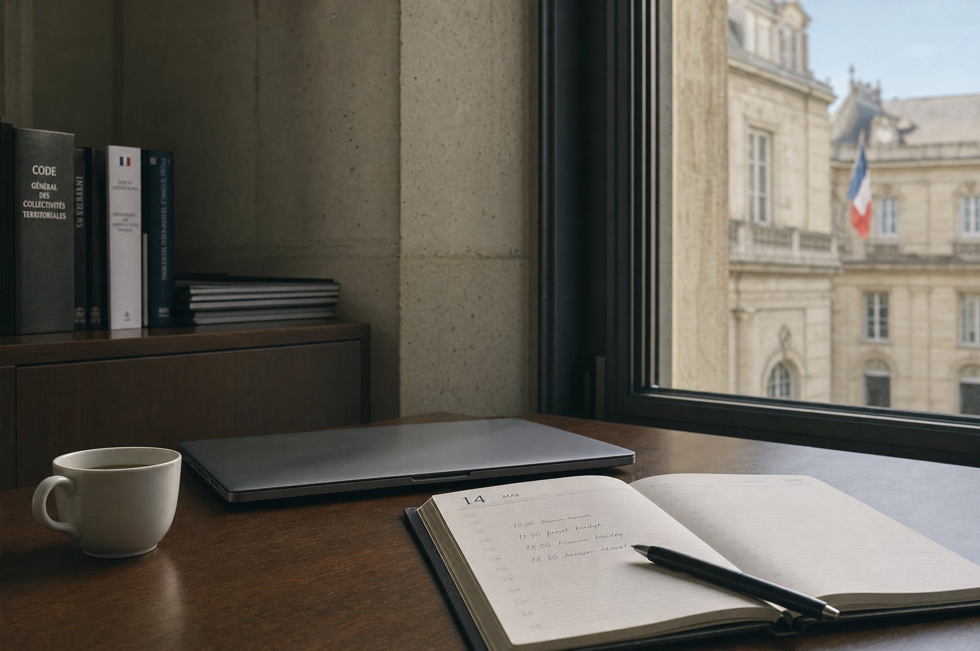 Un agenda papier ouvert sur un bureau, à côté d’un portable fermé