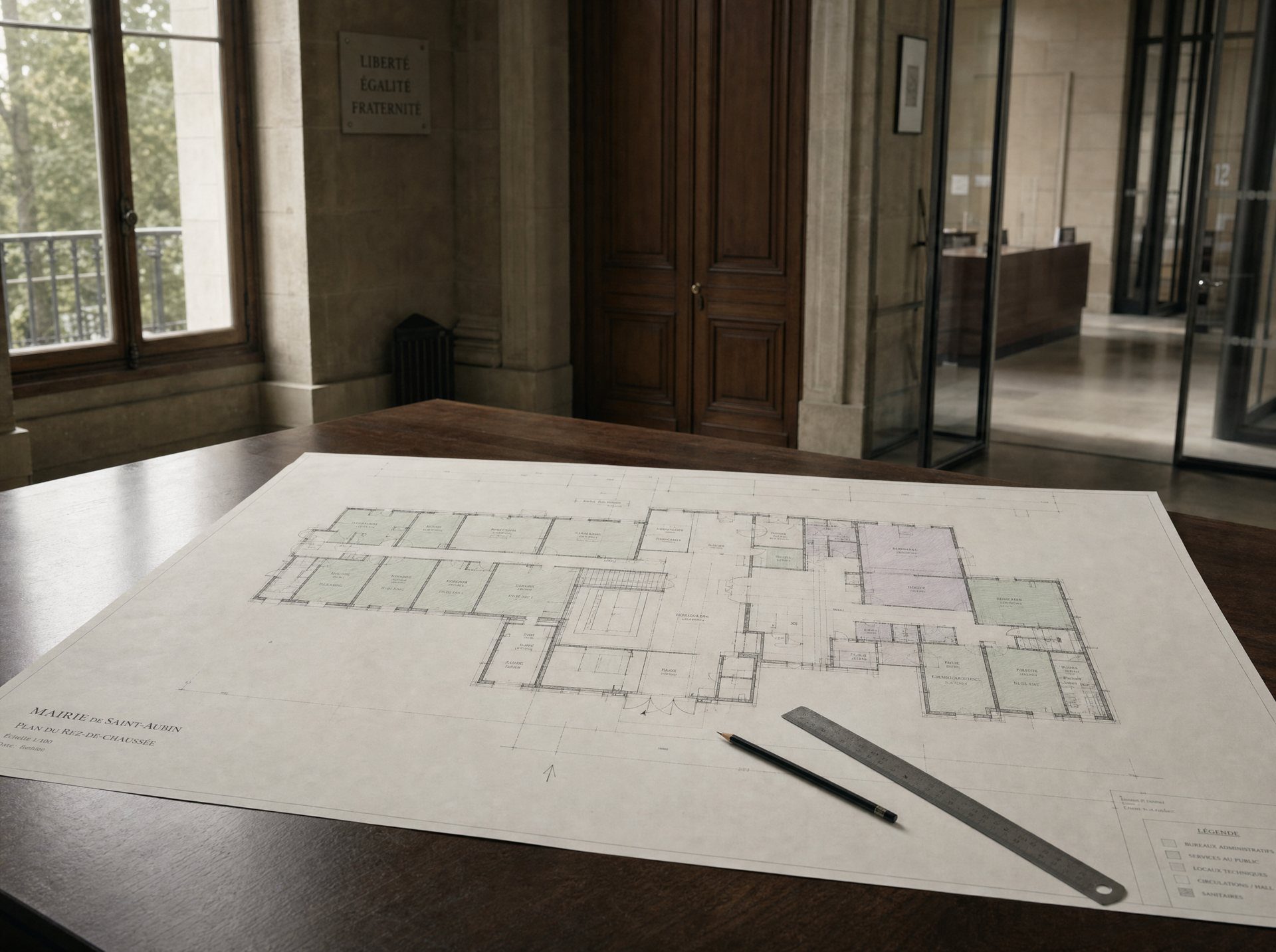 Le plan d’un étage déroulé sur une table