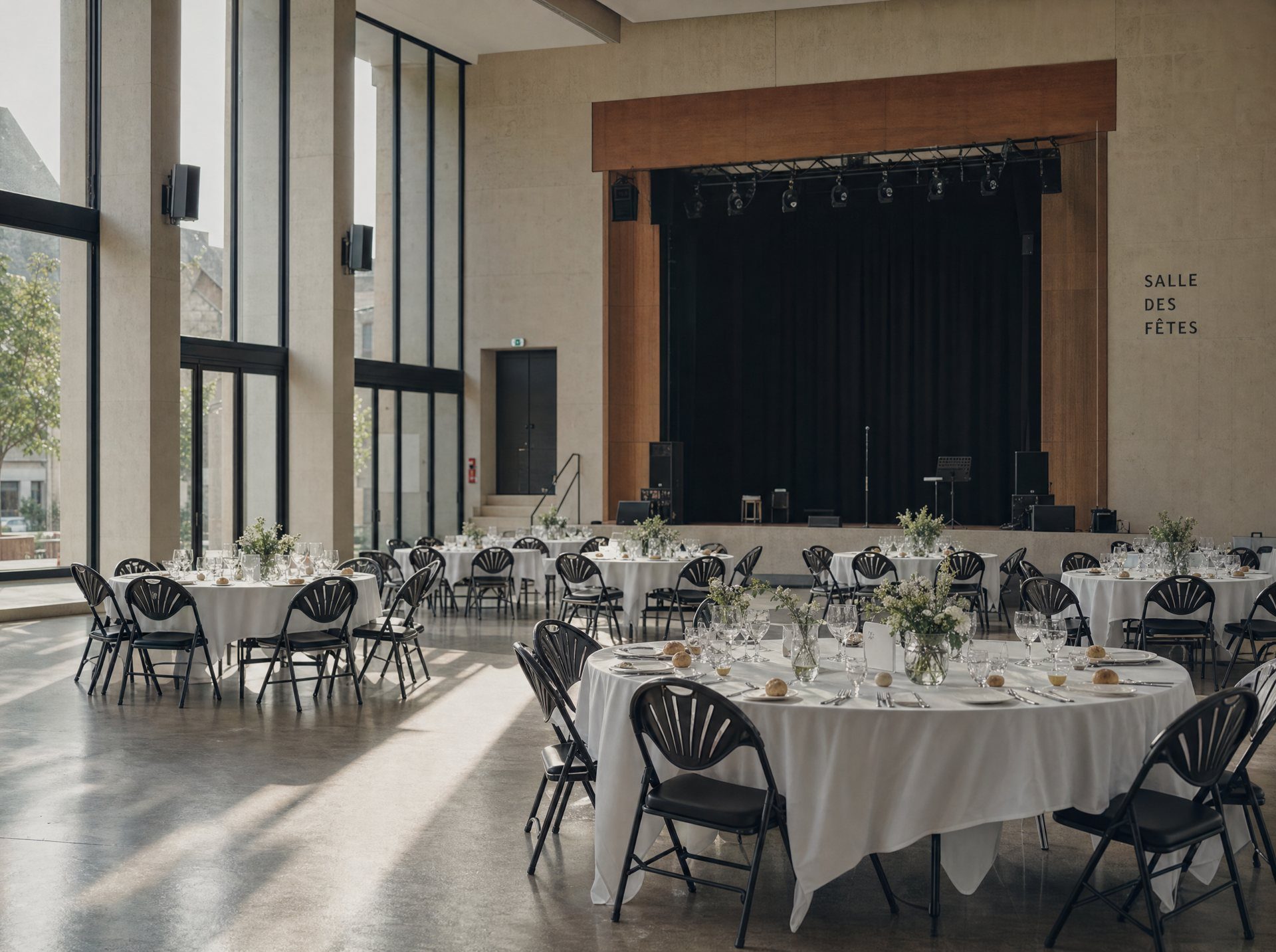 La salle des fêtes dressée pour une réception